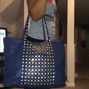 Navy Blue Rhinestone Shoulder Tote